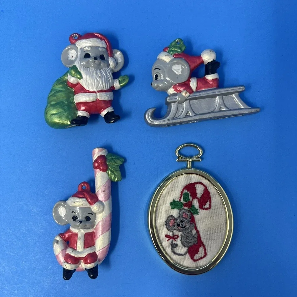 Vintage Christmas Mouse Mice Ceramic Ornaments Hand Painted Lot of 4 Collectible